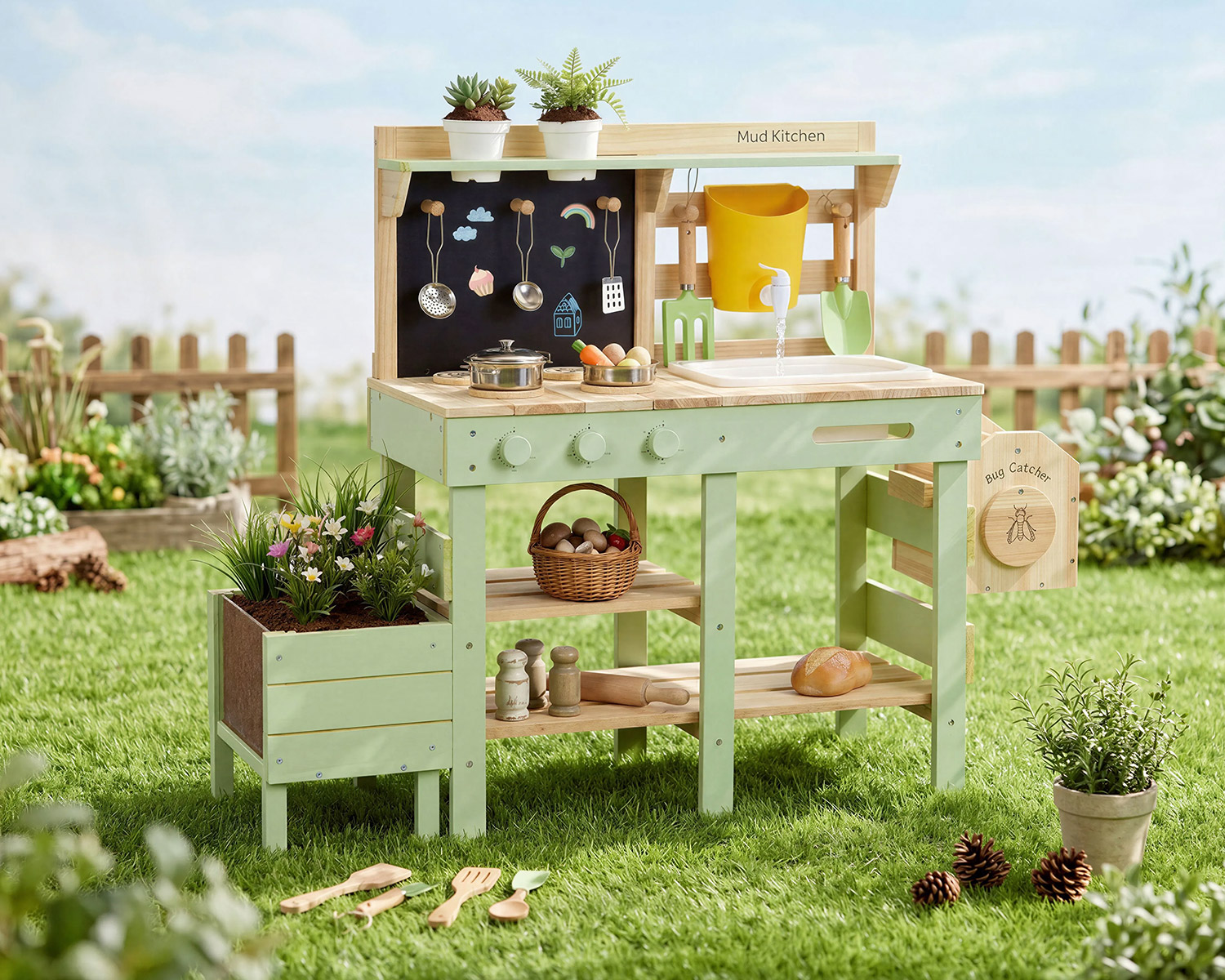 Labebe green outdoor mud kitchen with planter box, working faucet, sink and bug catcher for kids backyard play